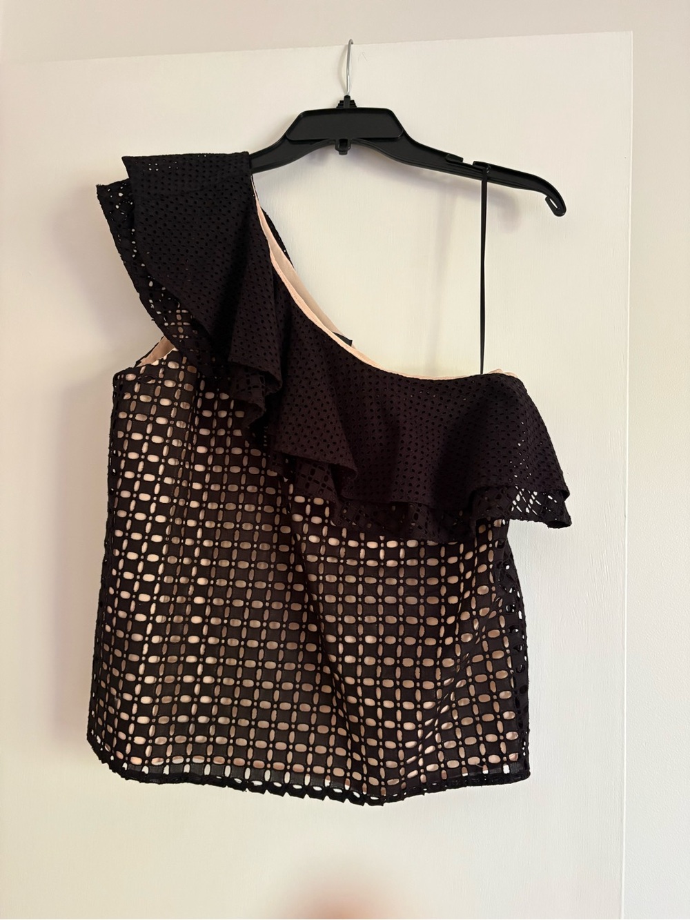 J. Crew Black /Cream One-Shoulder Eyelet Ruffle Top